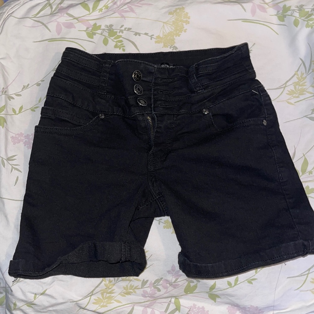 High waisted black denim shorts